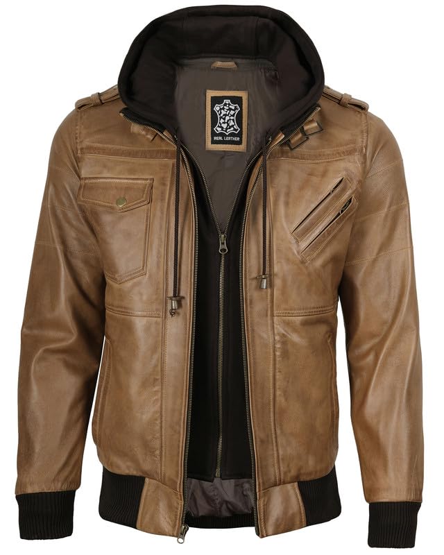 Image of Decrum Mens Leather Jacket - Detachable Hood Stylish Real Lambskin Leather Bomber Jacket Men