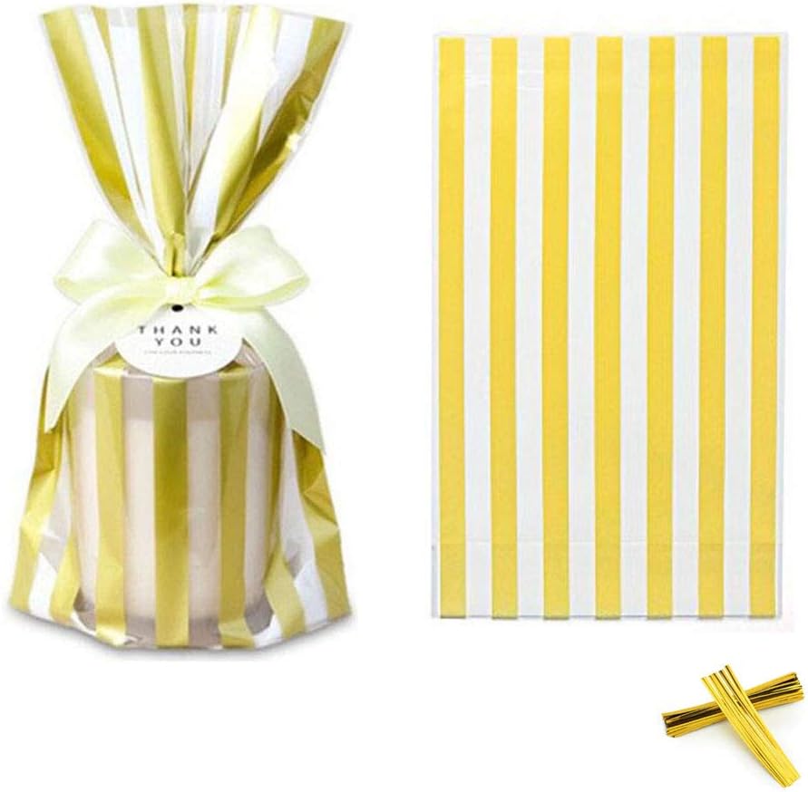 Clear Cello Bags Candy Cookie Treat Plastic Bag Gold Striped Cellophane party favor bags with Twist Ties for Wedding,Bridal Shower,Birthday,Baby Shower,celebration party supplies decorations,50pcs