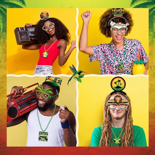 Image of Kenning 36 Pcs Jamaica Party Decorations 12 Beaded Necklaces 12 Headbands 12 Reggae Theme Paper Eyeglasses Prop Accessories Tiaras for Jamaican Festival Reggae Birthday Decor Flag Party Supplies