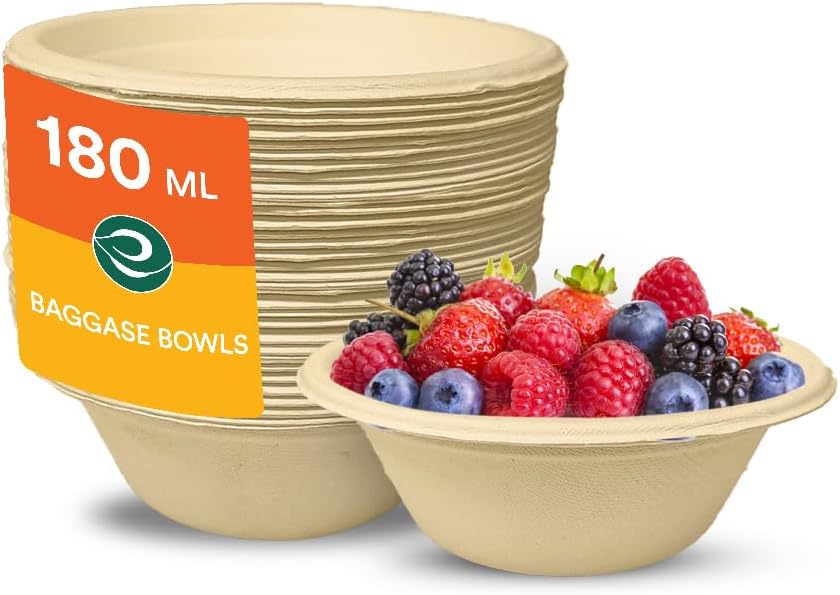 ECO SOUL [180 ml, 50 Pack Disposable Bagasse Bowls Eco-Friendly, Biodegradable, Sugarcane Paper Bowls for Serving Snacks & Dinner Birthday, Wedding & Party Round, Beige