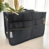 Hongmeru Purse Organizer Insert for Handbags, Tote Bag Organizer Insert with 11 Pockets, Bag Organizer for Tote with Handle, Nylon, Foldable, Tote Organizer Insert with Metal Zipper and Hook Black