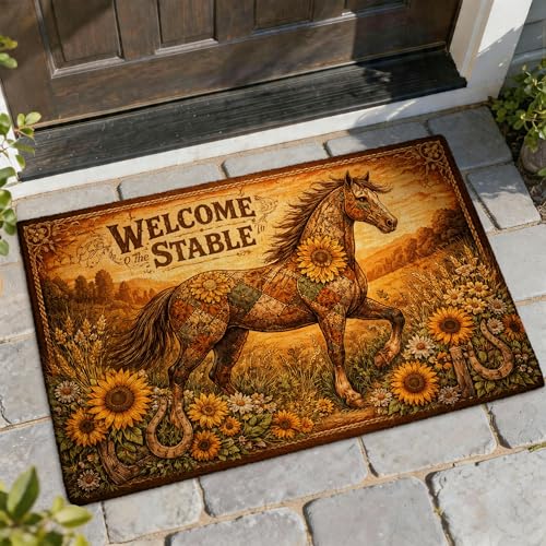 Tapete de bienvenida con diseño de caballo, diseño rústico de herradura de girasol, color marrón, antideslizante, para decoración de suelo al aire libre, puerta delantera, entrada, patio, 29 x 17