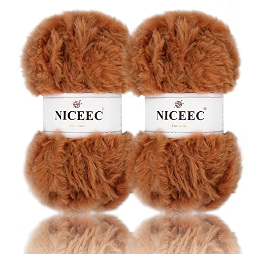 Image of NICEEC 2 Skeins Faux Fur Yarn Super Soft, Chunky & Fluffy, Eyelash Yarn for Crochet & Knitting (Total Length 70yds,3.53oz) - Caramel