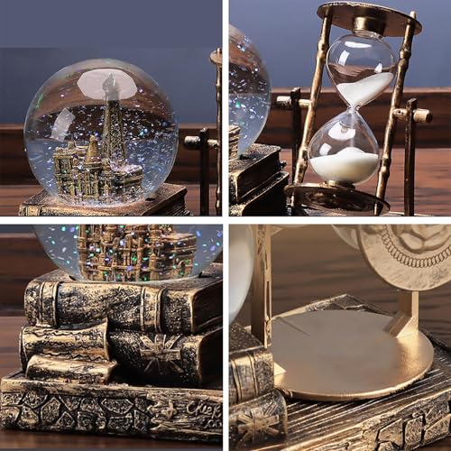 LED Music Snow Globe with Hourglass Vintage Castle Paris Eiffel Tower Home Decoration for Living Room Bedroom Book Shelf TV Cabinet Desk Table Top Decor Centerpieces Ornaments (A - Brass)