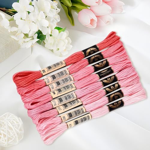 Image of 70 Yards 8 Skeins Gradient 6 Strands Hot Pink Embroidery Friendship Bracelet Thread Variegated Floss Cross Stitch Polyester Threads Assorted Bulk Set for Hand Sewing Making Crochet Supply