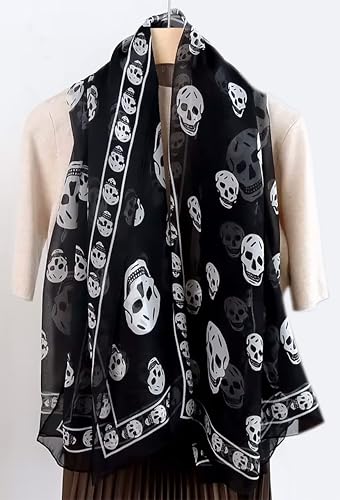 Mazeology Skull Scarf Genuine Pure Silk Soft Chiffon 58.5” Long Scarf Gothic Punk Pirate Black/White 26” Wide for Women/Men Trendy Fashion Accessory2