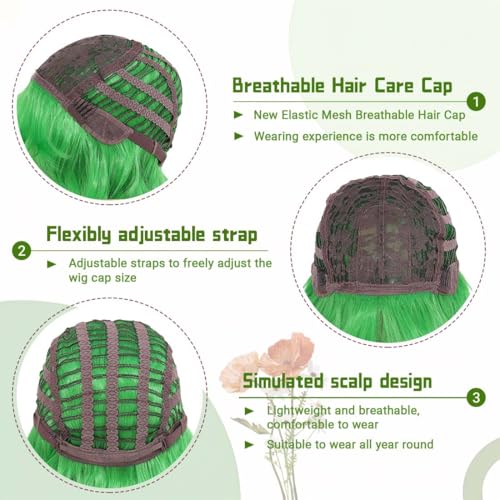 Image of Pastel Grass Green Wavy Bob Wig for Women, Short Shoulder Length Synthetic Wig with Bangs, Matte Natural Realistic Look Lightweight Hairpiece, Green Color for Daily Wear & Cosplay Costume