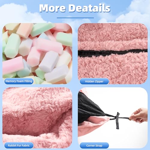 Image of 4 in 1 Bean Bag Chair, Giant Memory Foam Filling Bean Bag Sofa, Adult Bean Bag Chair, Machine Washable Faux Fur Cover, Bean Bag for Adult (Pink)