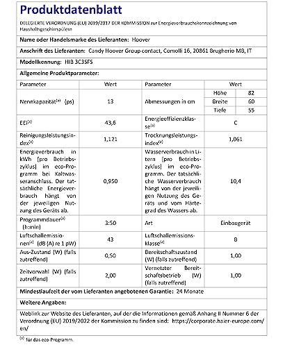 HOOVER GESCHIRRSPÜLER HIB 3C3SFS / 13 MAßGEDECKE/EINBAU/WIFI FUNKTION