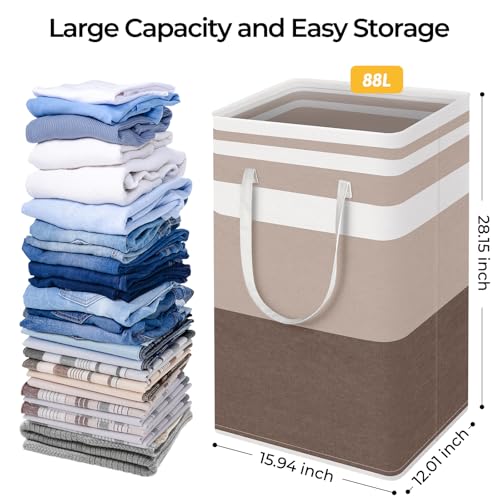 HomeHacks 2-Pack Large Laundry Basket, Waterproof, Freestanding Laundry Hamper, Collapsible Tall Clothes Hamper with Extended Handles for Clothes Toys in the Dorm and Family (Brown, 88L)