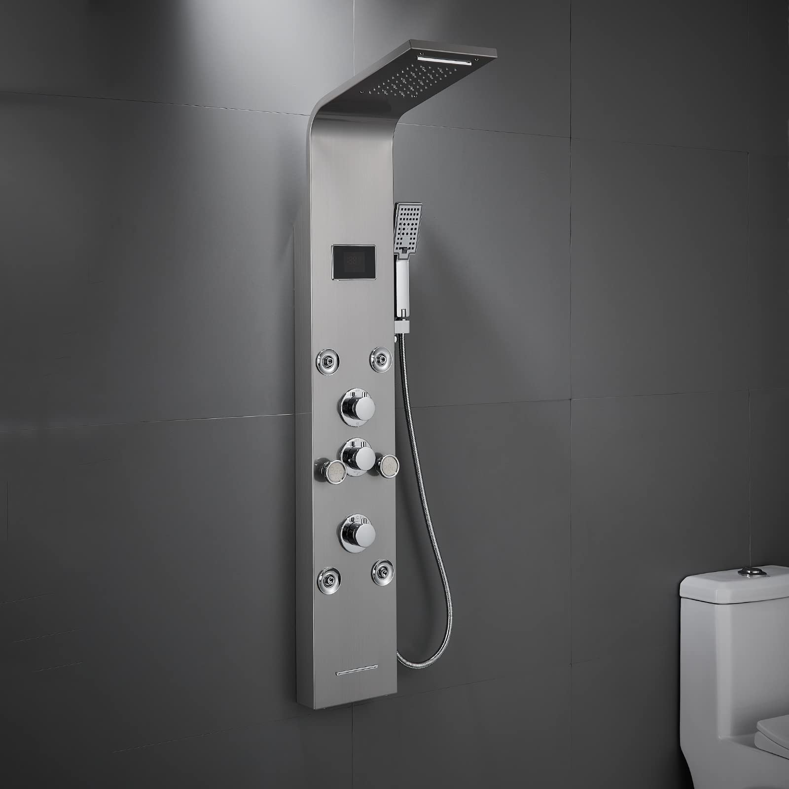 MENATT LED Lights Shower Panels Tower System, SUS304 Stainless Steel Bathroom Shower Tower Column System, Rainfall & Waterfall Shower Head, Massage Jets, Tub Spout, Handheld Shower (Brushed)