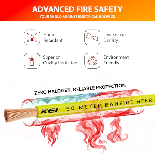 Image of KEI BANFIRE- HFFR 1 sqmm 1 Core 99.97% Pure Copper Conductor Heat Resistant Flame Retardant Low Smoke & Halogen - Lead Less House Wire for Domestic & Industrial Electrical Wiring (Yellow,90 Meters)