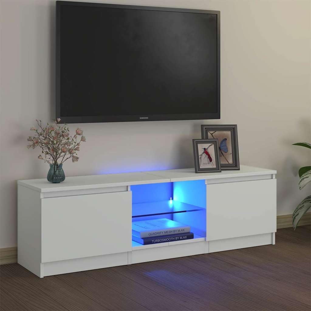 vidaXL Mobile TV con luci LED, per TV fino a 50″, 120 x 30 x 36 cm, legno ingegnerizzato e vetro temperato, bianco, mensole portaoggetti, centro intrattenimento soggiorno moderno, credenza