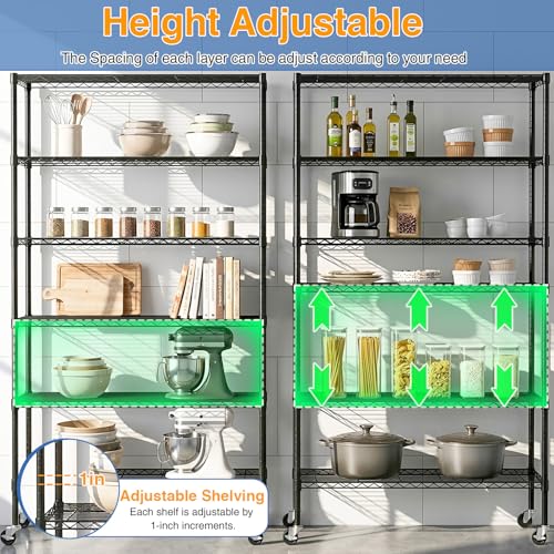 Image of BestOffice | 6-Tier Wire Shelf with Wheels | 18 inch x 45 inch x 82 inch | Black