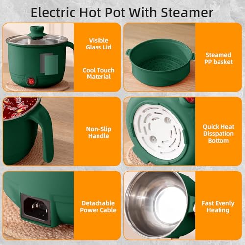 Image of Electric Multipurpose Cooking Pot 1.2L with Steamer Basket & Glass Lid - Stainless Steel Inner Mini Cooker, Portable Hot Pot for Rice Noodles Soup Pasta | Travel Cooker for Home, Office, Hostel (Green)