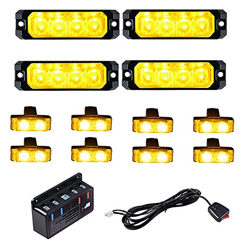 4pcs Amber 4-LED Waterproof SYNC Strobe Lights + 8pcs Amber 2-LED Warning Emergency Grill Flashing Lamps for Car Truck 12V