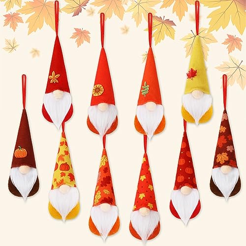 Whaline 10Pcs Thanksgiving Hanging Gnomes Ornaments Fall Harvest Handmade Plush Gnomes Maple Leaf Pumpkin Printed Gnomes Cute Decorative Tomte Swedish Elf Gnome Doll for Autumn Thanksgiving Decor