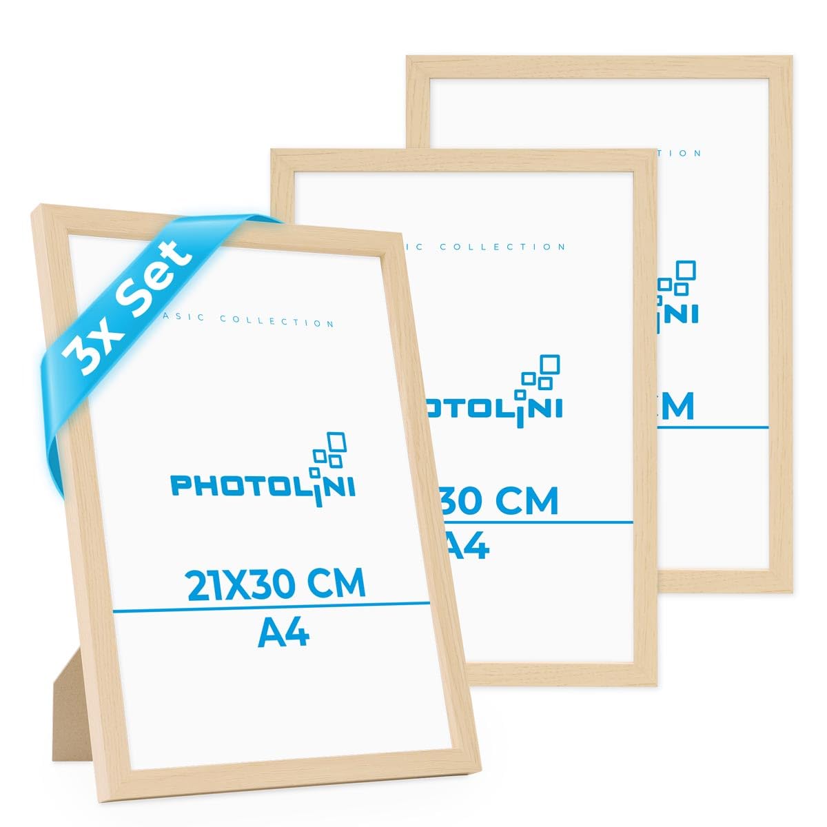 PHOTOLINI Marcos A4 21x30 cm madera MDF natural, set de 3 marcos para pósteres, cristal acrílico, para colgar y poner de pie, incluye accesorios - para fotos, láminas y pósteres