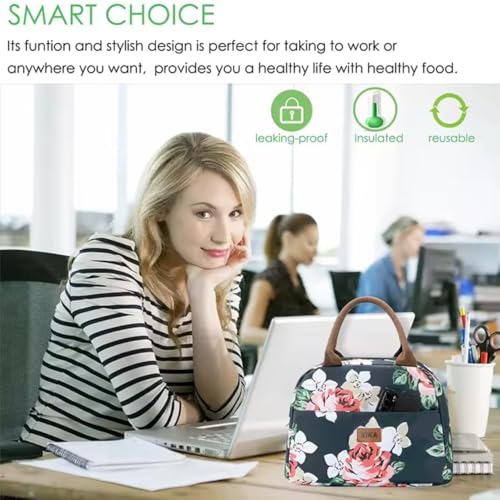 Image of KIKA HOMS Insulated Lunch Bag for Office Women, Girls, and Kids, Large Capacity with Multi-Compartments, Waterproof and Leak-Proof, Floral Print