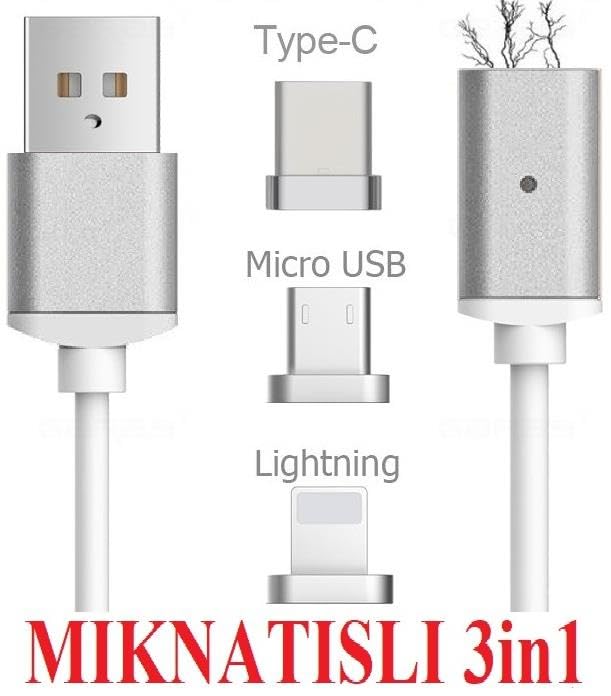 Lunatic 1049 1 Metre Lightning Micro Usb Type C Mıknatıslı Tüm Telefonlar Uyumlu Şarj Kablosu (kablo bozulmasından sıkıldınız mı Manyetik şarj tak çıkar olmadığı için kablo ömrü uzun olacak)