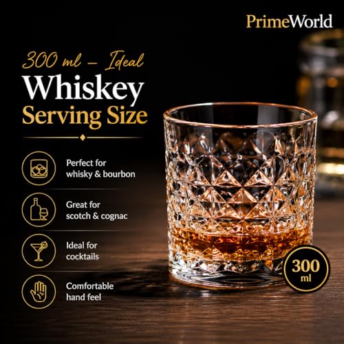 Image of PrimeWorld Diamond European Design Crystal Whiskey Glasses Set of 6 pcs- 300 ml Bar Glass for Drinking Bourbon, Whisky, Scotch, Cocktails, Cognac- Old Fashioned Cocktail Tumblers