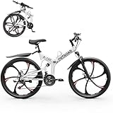 Outroad 26 Inch Folding Mountain Bike, 21 Speed Dual Disc Brake Non-Slip Folding Bikes, Full Suspension High-Carbon Steel MTB Foldable Bicycle for Adults/Women/Men, White