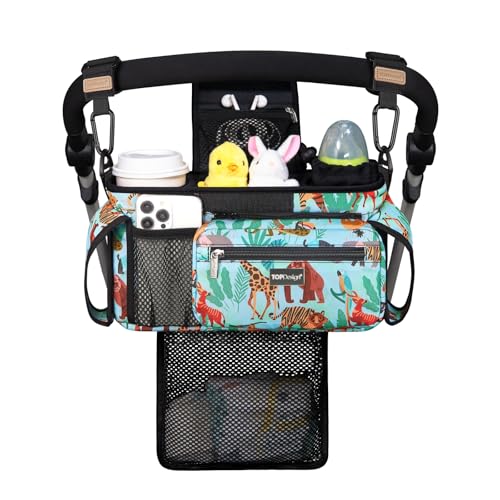 Image of TOPDesign Universal Baby Stroller Organizer, Stroller Caddy with Detachable Mesh Bag & Heightened Insulated Cup Holders & Non-Slip Secure Hooks Accessories, Fits Most Strollers (Tropical Rainforest)