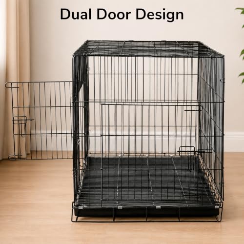 Image of PETJOY Foldable Metal Wire Dog Cage /Crate /Carrier with Tray | for Large and XL Adult Dogs | 42 Inch | Black | Single Door | Removable Base | Manual Locking Mechanism