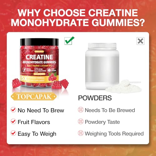 Image of Creatine Gummies for Men & Women - Chewable Creatine Gummy with Taurine & Vitamin B12, 5g Creatine Monohydrate per Serving, 120 Gummies - Raspberry Flavor, Raspberry-Shaped
