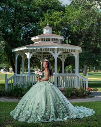 Zhangyo Strapless 3D Flower Quinceanera Dresses with Train Applique Tulle Sweet 16 Dresses Beaded Puffy Quinceañera Dress4