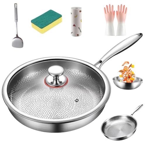 Utensilios de cocina antiadherentes de titanio con tapa, XL 34 cm, sartén ultraduradera resistente a los arañazos, sartén gruesa sin revestimiento para una cocción saludable y fácil limpieza