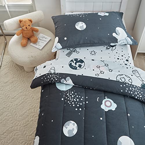 4 Pieces Toddler Bedding Set Space Theme For Baby Boys, Astronaut Planet Rocket Print On Black, Includes Comforter, Flat Sheet, Fitted Sheet And Pillowcase #TOP4