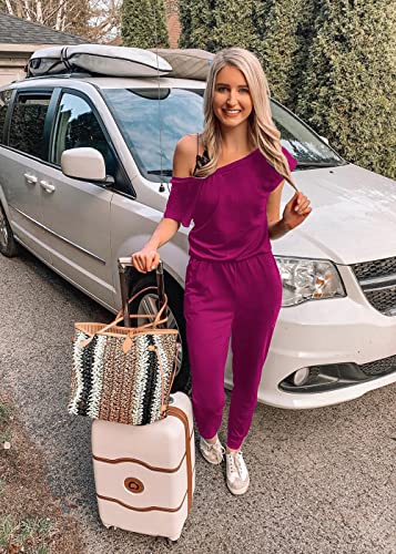 Image of PRETTYGARDEN Jumpsuits for Women Summer Off Shoulder Romper | Short Sleeve Drawstring Waist, Jogger Jumpers with Pockets, One Piece Spring Break Outfits, Vacation Travel Lounge Clothes