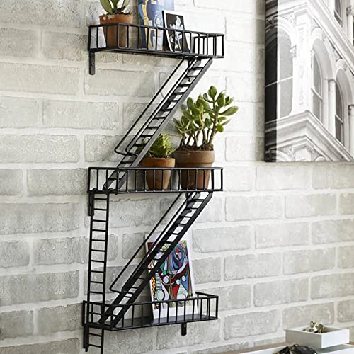 Image of Vintageware 3-Tier Iron Wall Shelf Fire Escape Ladder Design | Decorative Wall Shelves for Living Room, Bedroom & Home Decor (Black)