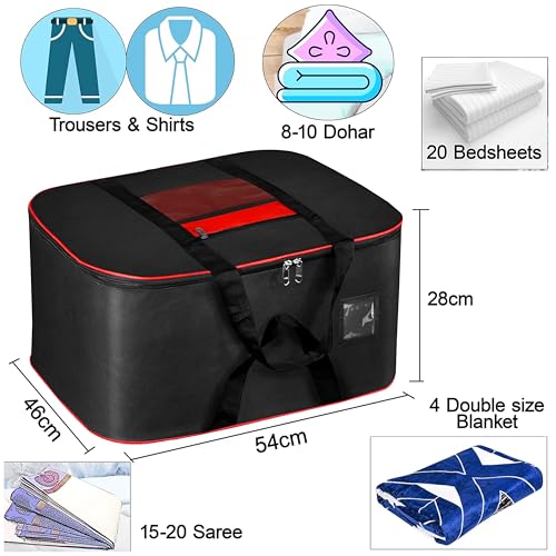 Image of Storite Moisture Proof Nylon Large Size Underbed Storage Bag for Clothes with Net Pocket & Front transparent pocket for note (54 x 46 x 28 cm) - Red Black, Rectangular