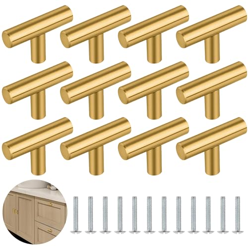YSDMY Pomo Puerta Armario 12 Piezas Pomos y Tiradores 50mm Tiradores Armarios Forma de T Pomo,Tiradores Cajones Vintage Pomos para Armario Tiradores para Cajone(Dorado)