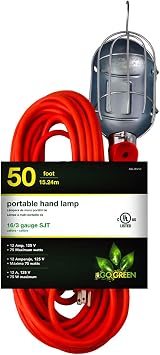 Go Green Power Inc. 50ft Portable Hand Lamp with 16/3 Kink-Free Cord Bulb not Included- Durable Construction, Swivel Hook, and Built-in On/Off Switch - Ideal for Construction and Household Projects