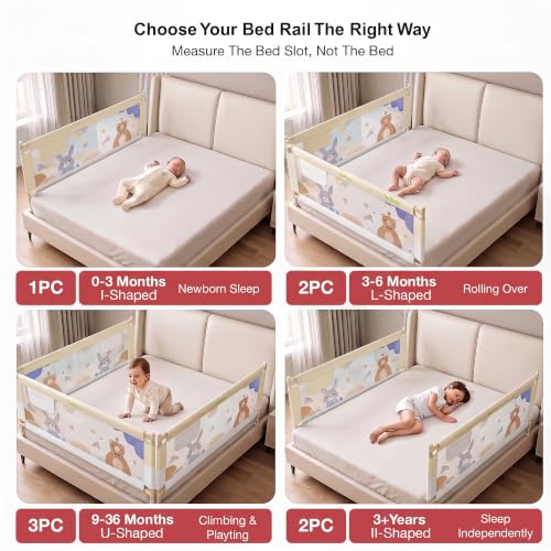 Image of BAYBEE Baby Bed Rail Guard (180x80cm) | Bed Railing for Baby Safety with 28 Height Adjustable Bedside Protector for Babies Falling | Foldable Bed Safety Guard for Kids (1 Side, (White /Beige)