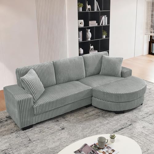 DUlVBPE L-förmiges Ecksofa – 4-Sitzer Sofa, 256.5 x 133.5 x 89 cm, Klassisches Corduroy, Modulares Design mit Ovalem Hocker, 2 Kissen Inklusive, Ideal für Wohnzimmer, Apartments & Büros, Gray – Bild 5