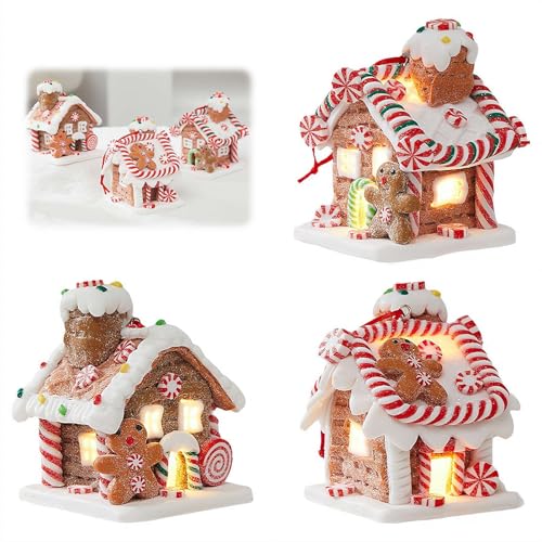 FLKWOP Casa de pan de jengibre LED de pueblo de jengibre, funciona con pilas, para Navidad, fiestas, decoración de escritorio, 6,5 x 6,5 x 8 cm