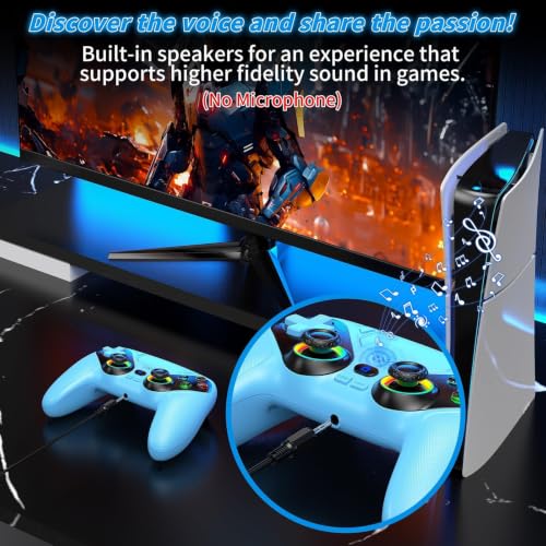 Image of Gamrombo LED Wireless Controller for PS5, Compatible with PS5 Pro /Slim /PC, Dual Vibration, Macro /Turbo Function, 3.5mm Audio Jack, 6-Axis Motion Control Gamepad with Speaker(Azure)