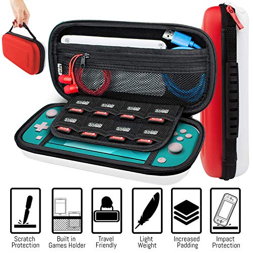 Image of Orzly Accessories Bundle Compatible for use with Nintendo Switch Lite - Protective Case & Screen Protector, USB Cable, Games Holder, Comfort Grip Case, Headphones, Thumb-Grip Pack & More - Red & White