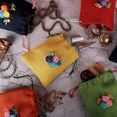Image of Unisex Colored Jute Potli With Multicolour Flower Jute Linen Potlis | 6 x 5 inches | Gift Bags for Return Gifts Bags| Jute Linen,Burlap