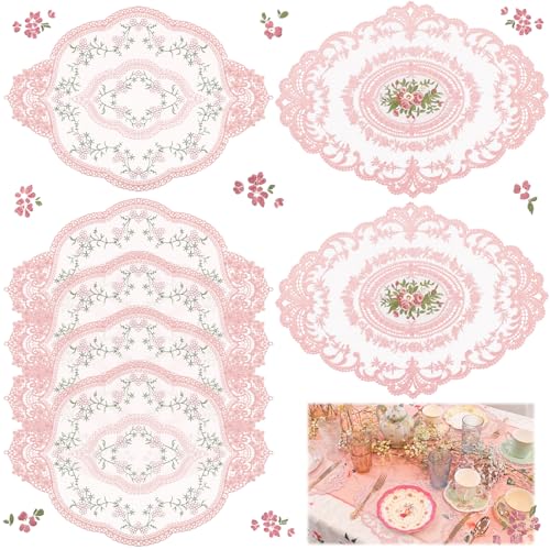 Mixweer 10 Pcs Pink Lace Placemats Oval Retro Lace Doilies French Table Decor Crochet Handmade Embroidered Doilies for Wedding Tea Party Vintage Floral Placemat Cup Mat Table Runner Fit Home Furniture