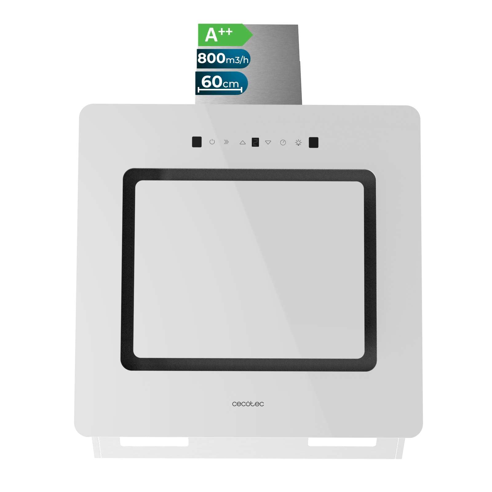 Cecotec Campana Extractora Decorativa 60cm Bolero Flux Dt 608002 Glass White A++. Acabado Vidrio Blanco, Chimenea Inox, Succión 800M3/H, Motor 210W, 3 Potencias, Filtro Carbono