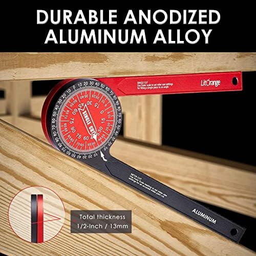 Litorange Aluminum Miter Saw Protractor Plus | 8.7-Inch Angle Finder Featuring Precision Laser Engraved Scales for Inside Outside Corner, Crown Molding, Carpenter and All Building Trades, Two-Color