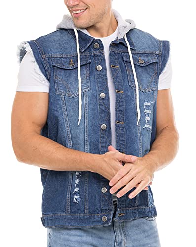 Skylinewears Men's Hooded Denim Vest Ripped Sleeveless Trucker Jean Jacket with Hood for Bikers4