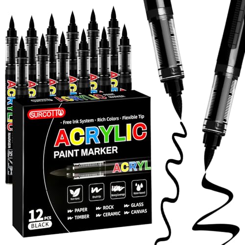 Surcotto 12 PCs Black Acrylic Paint Markers Soft Brush Tip Pens and Markers Acrylic Paint Pens for Wood Stone Canvas Glass Fabric Egg Rock Painting and DIY Crafts Art Supplies