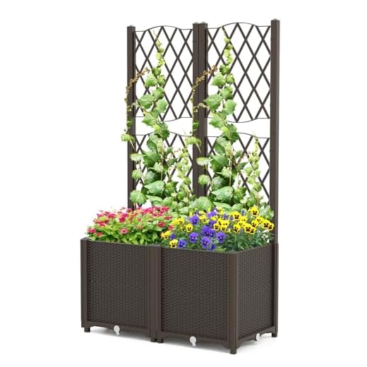 Outsunny Gewächshaus Treibhaus Tomatenhaus Frühbeet 120x60x60 cm Grün 17 HOMASIS Blumenkasten mit Rankgitter, Pflanzenkasten mit Spalier & Selbstbewässerung, Pflanzkübel Gartenspalier für Kletterpflanzen, Rankkasten Hochbeet für Balkon Garten Terrasse (Braun, 80x40x140cm)