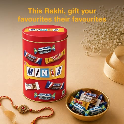 Image of Snickers Mixed Minis Rakhi Chocolate Gift Tin, Assorted Chocolate Gift Box for Raksha Bandhan with Snickers, Galaxy, Twix & Bounty, 133g